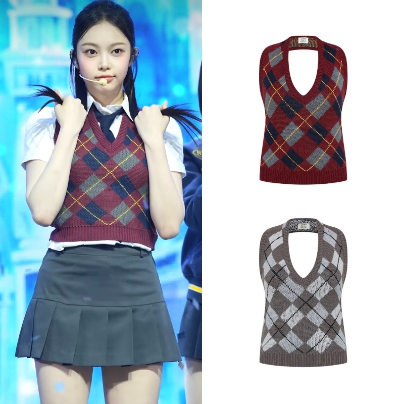 [IVEユジン Hearts2Heartsイアン テヨン 着用] ホルターネックアーガイルニットベスト Halter-neck Argyle Wool Vest [2カラー]