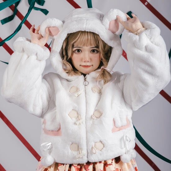 【急速出荷】ロリータ アウター コート レディース ボアジャケット 熊 クマ お耳 かわいい モコモコ 厚手 秋冬 あったか 可愛い 甘ロリ ゆめかわいい 大人可愛い 女の子 フード付き ふわふわ ポ