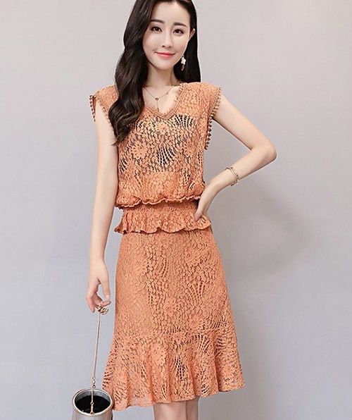 A1082.Vネックペプラムシースルーレースフレアワンピース（オレンジ）2019 春夏 sale 春夏 sale ドレス ノースリーブ フリル エレガント お呼ばれ 結婚式 披露宴 パーティー 女子会