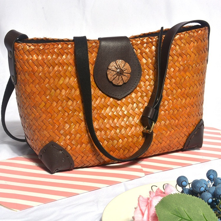 2024新潮ネット赤麦わら編みバッグエスニック風ハンドメイドニットシングルショルダー斜め掛けレディースレトロストローバッグ