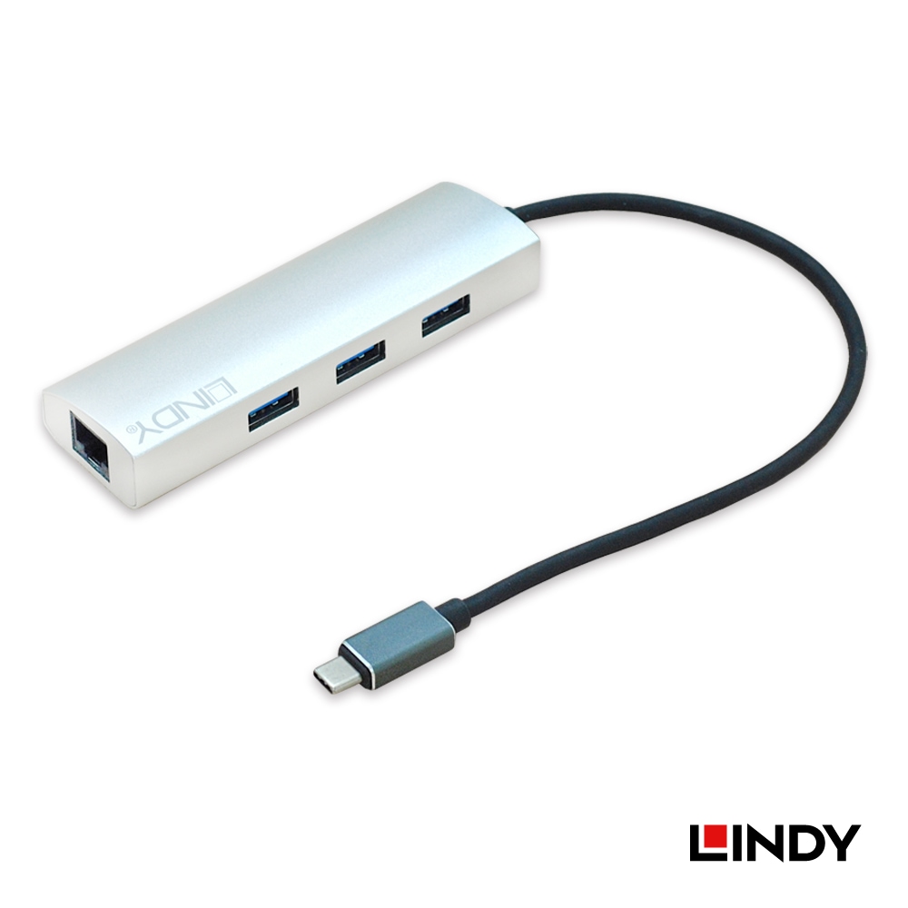 【43177】 0.48m LINDY USB3.1 TypeC TypeAハブ / ギガビットEthernetアダプタケーブル Thunderbolt 3互換 3ポート シルバー