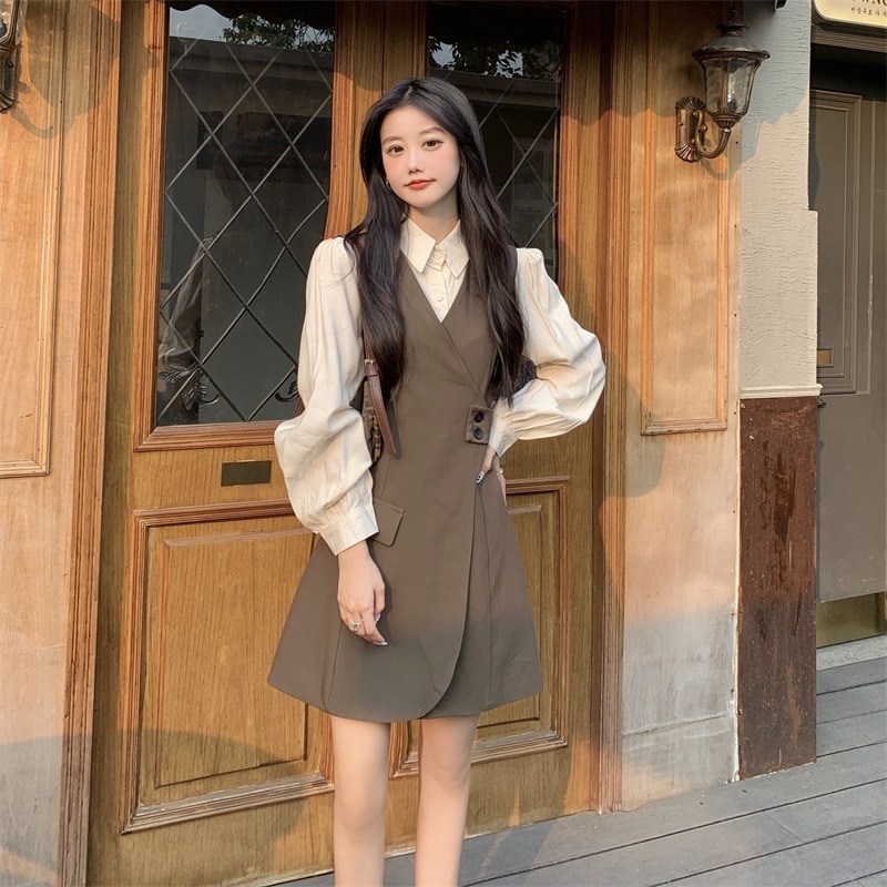 トップス スカート シャツ ブラウス ジャンパースカート ジャンスカ ミニ ミニ丈 ショート ショート丈 長袖 Vネック 襟付き 2点セット ツーピース お得 かわいい ラフ キュート ガーリー 春