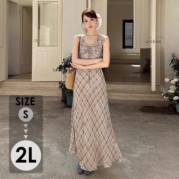 リゾートワンピース レディース サマードレス ワンピース 夏ワンピ ロング おしゃれ チェック柄 ファッション 春夏 カジュアル 体型カバー ゆったり 大きめ きれいめ ハワイ 沖縄 旅行用 大人 2