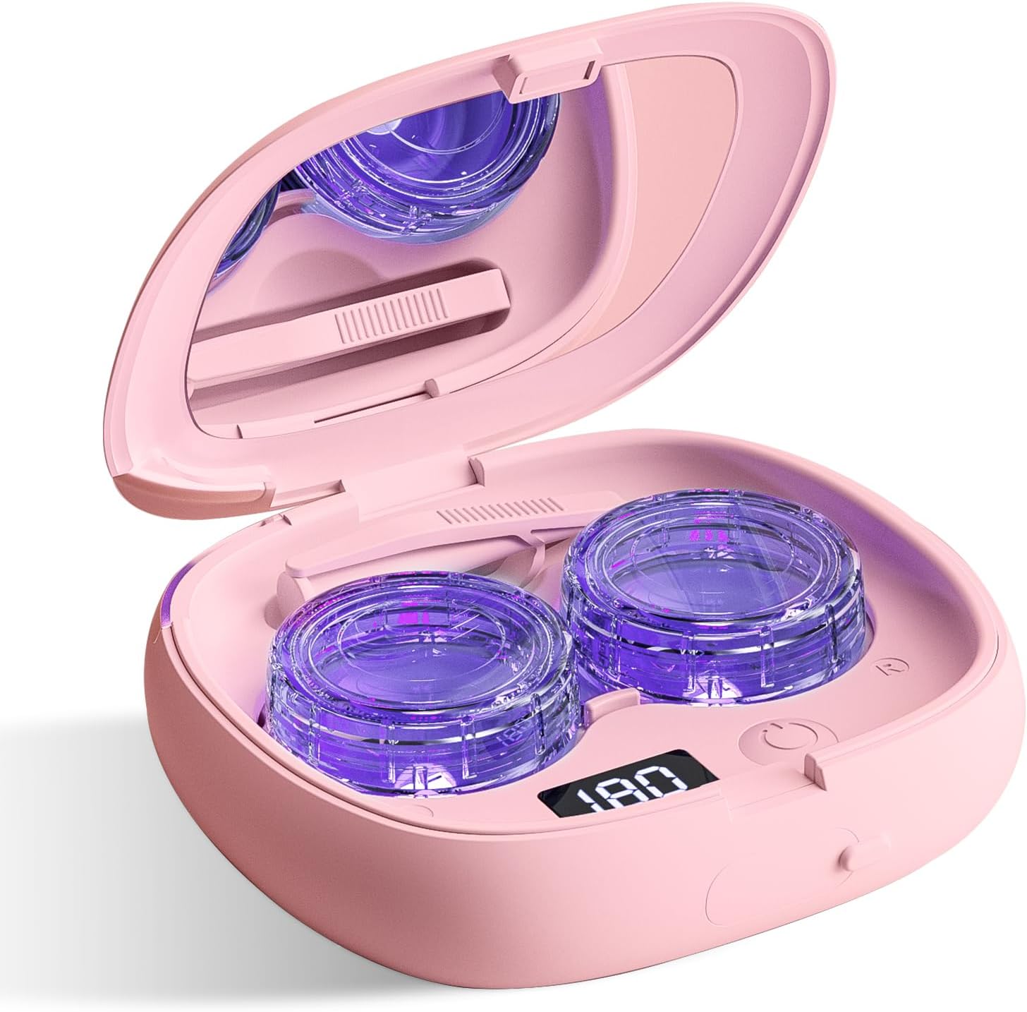 電動ミニコンタクトレンズ洗浄器 化粧鏡付き コンパクト 携帯便利 三用（ハードコン ソフトコン カラコン） IPX7防水 ピンク