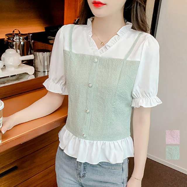 シャツブラウス 半袖 フリルVネック【ゆうパケット可】