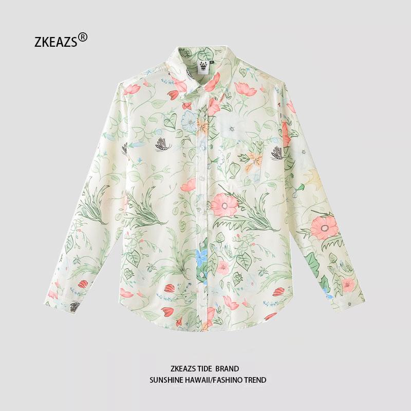 シャツ メンズ カジュアル レトロ ハワイアン 春秋 長袖 薄手 トップス プリント スリムフィット 花柄 グリーン
