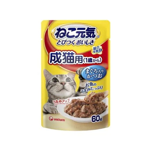 ねこ元気 総合栄養食 パウチ 成猫用(1歳から) まぐろ入りかつお 60g