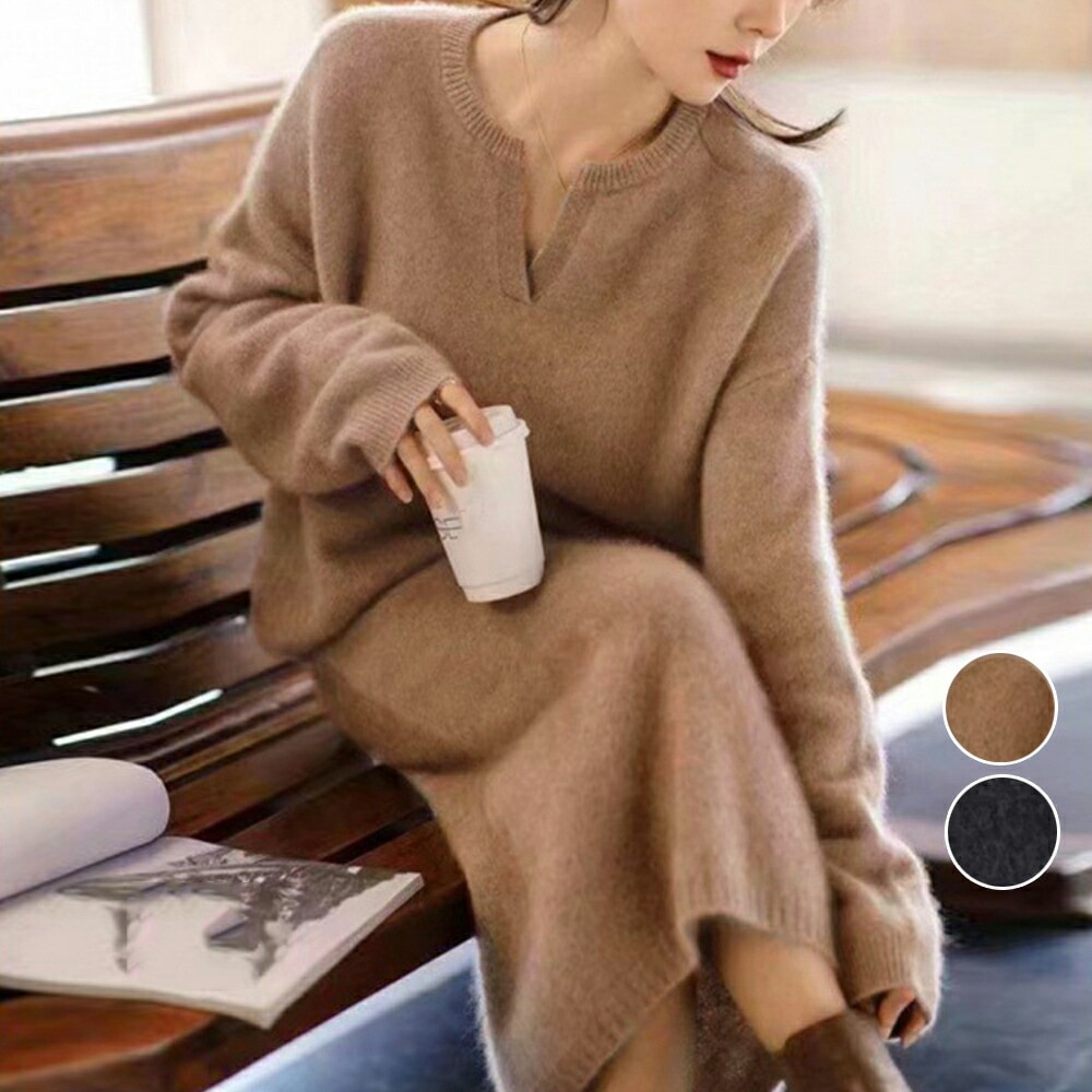 こなれ感 ニットセットアップ 上品韓国風 レディース 上下2点セット ニットアンサンブル キーネック 長袖 オルチャンロングスカート秋冬お洒落 84TIA あたたかセーター