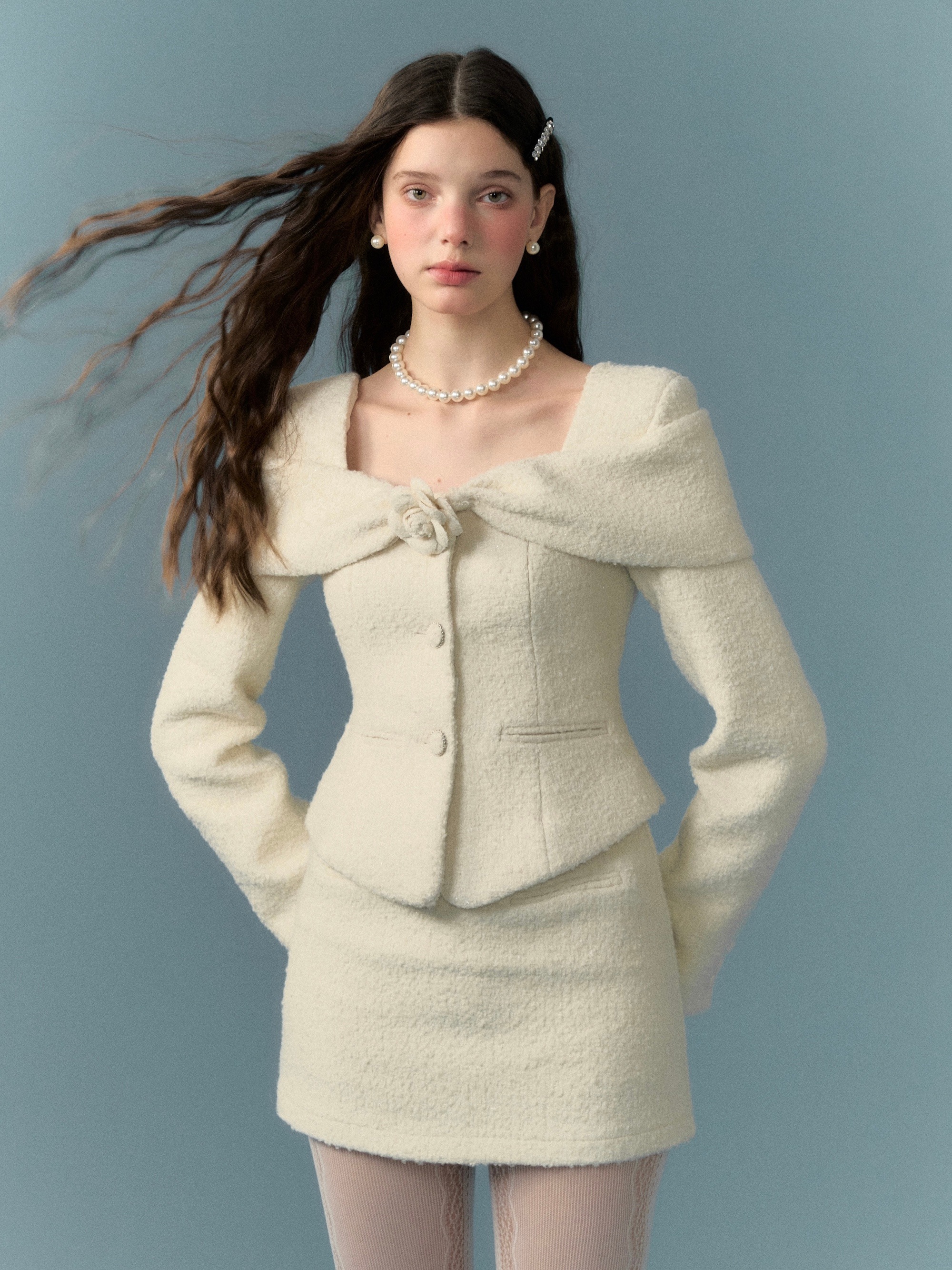 【2枚購入で200円 OFF！急速出荷】ウーブンウールスーツジャケットフィッシュテールスカート全2色