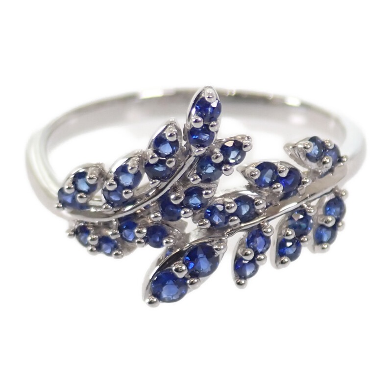 デザインジュエリー リーフ 14号 リング 美品 刻印 18金 K18ホワイトゴールド ブルー サファイヤ0.43ct レディース【中古】【Aランク】