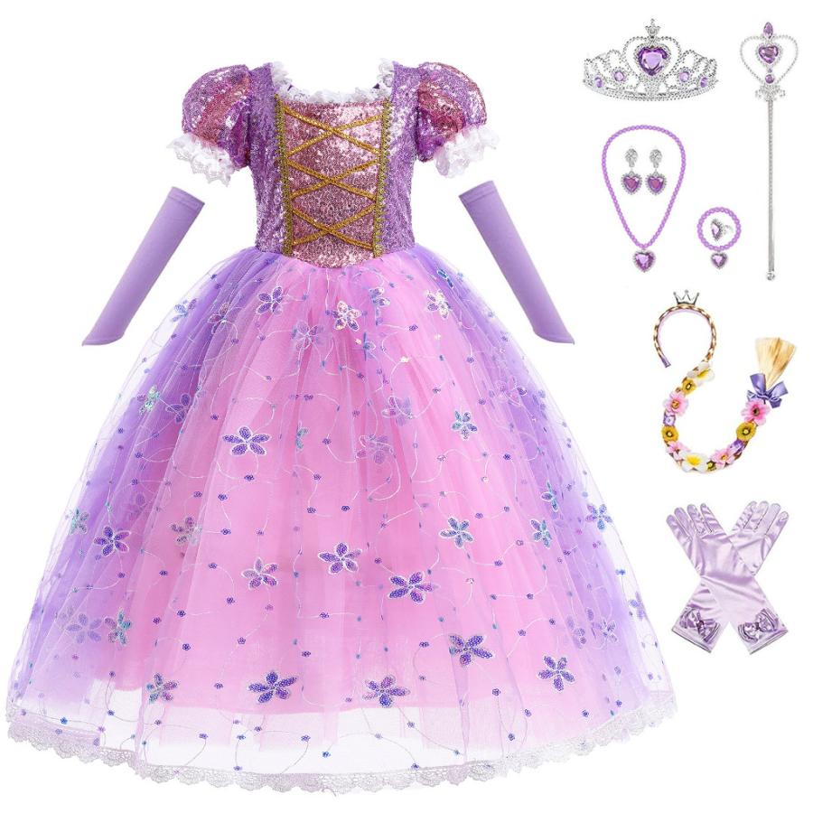 【大特価激安】ラプンツェル ドレス 子供 コスプレ 衣装 豪華10点 セット ( プリンセス ドレス ウィッグ 手袋 ティアラ ステッキ ネックレス等) 100 110 120 130 140 CR