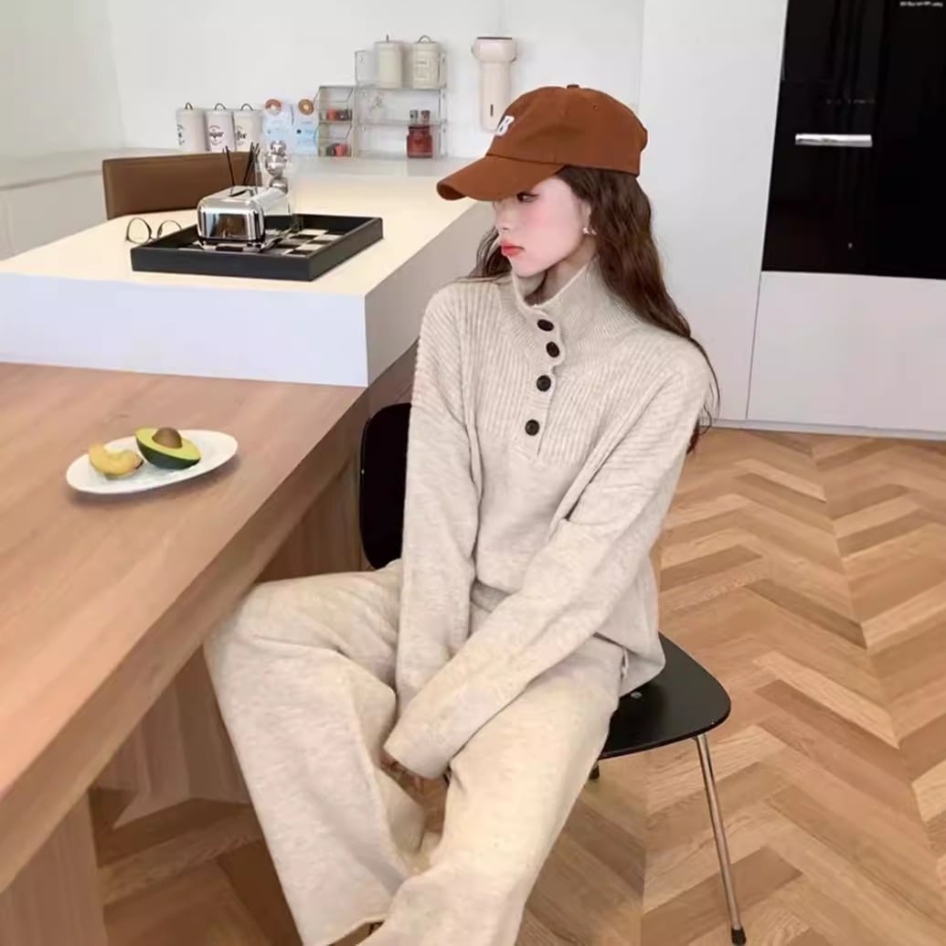 ニットスーツ秋冬新作セーターニットプルオーバーワイドパンツ2点セットセットアップ