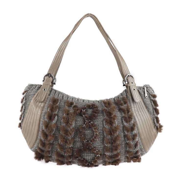 美品 サルヴァトーレ フェラガモ ガンチーニ ハンドバッグ 21 6956 ニット×ファー×レザー グレー ブラウン オリーブドラブ系 ショルダーバッグ トートバッグ【本物保証】 17,464円