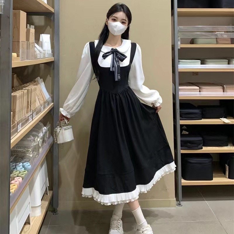 2025 春の新コントラストカラー年齢を軽減する女性のためのカレッジスタイルのドレスフレンチスイートフェイクツーピースミドル丈スカート女性用