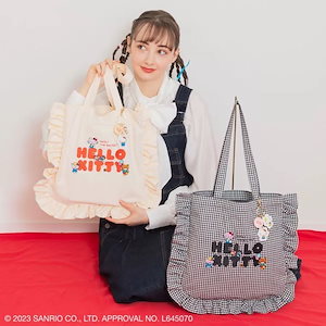 甘いキティちゃん刺繡フリルレースキャンバスチェックトートバッグ大容量ショルダーバッグショッピングバッグ