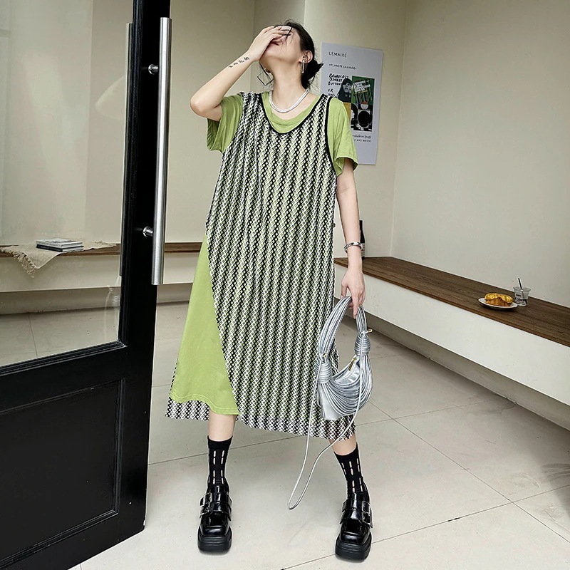 レトロチェック柄コントラストカラースプライシングデザインフェイクツーピースドレスレディース新作ルーズスリムカジュアルaラインスカート