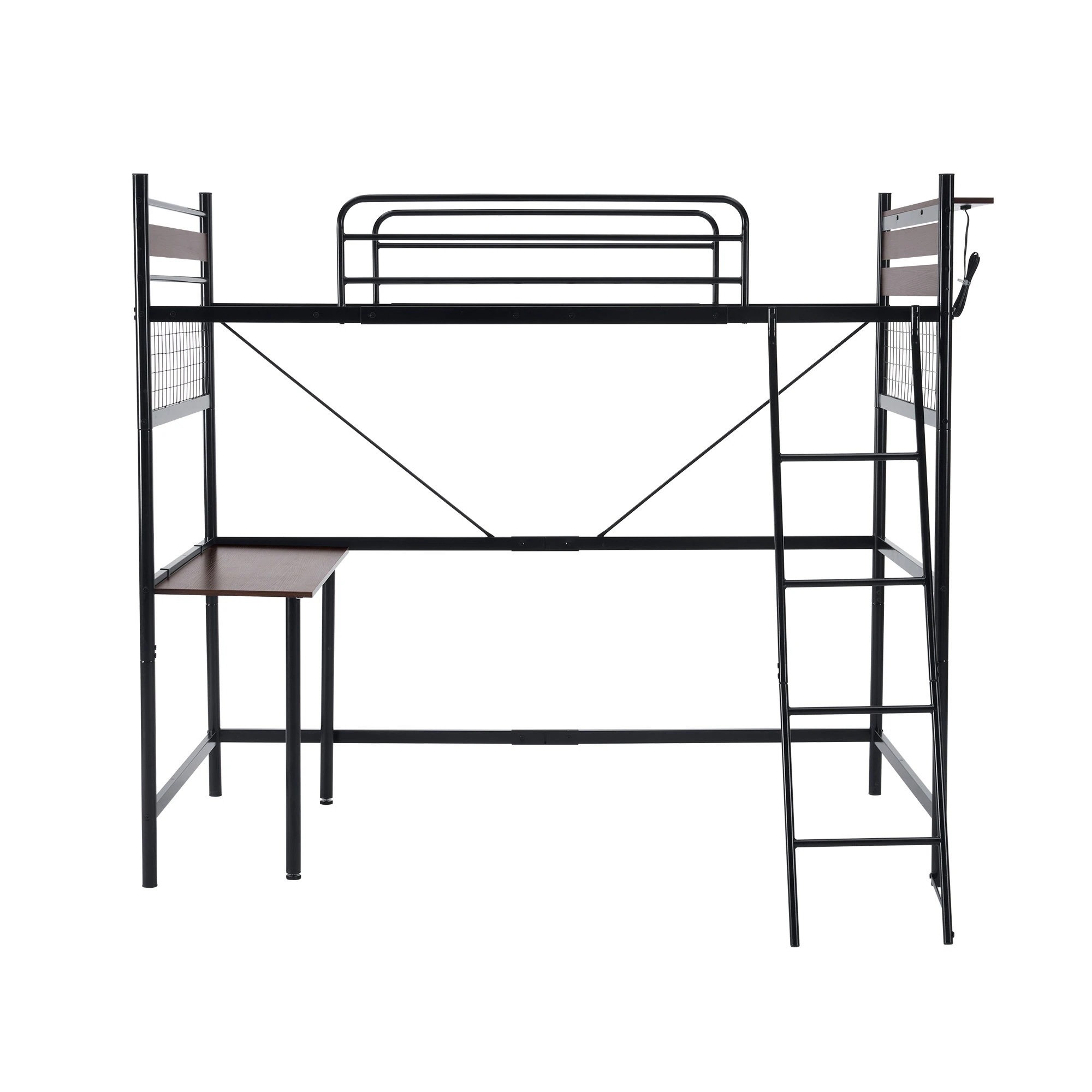 【9】【ブラック】システムベット ３WAYロフトベッド　シングル 収納付き デスク付き 北欧風 スチール 耐震　デスク付き・移動可能 コンセント付き メッシュパネル付き 高さ３段階