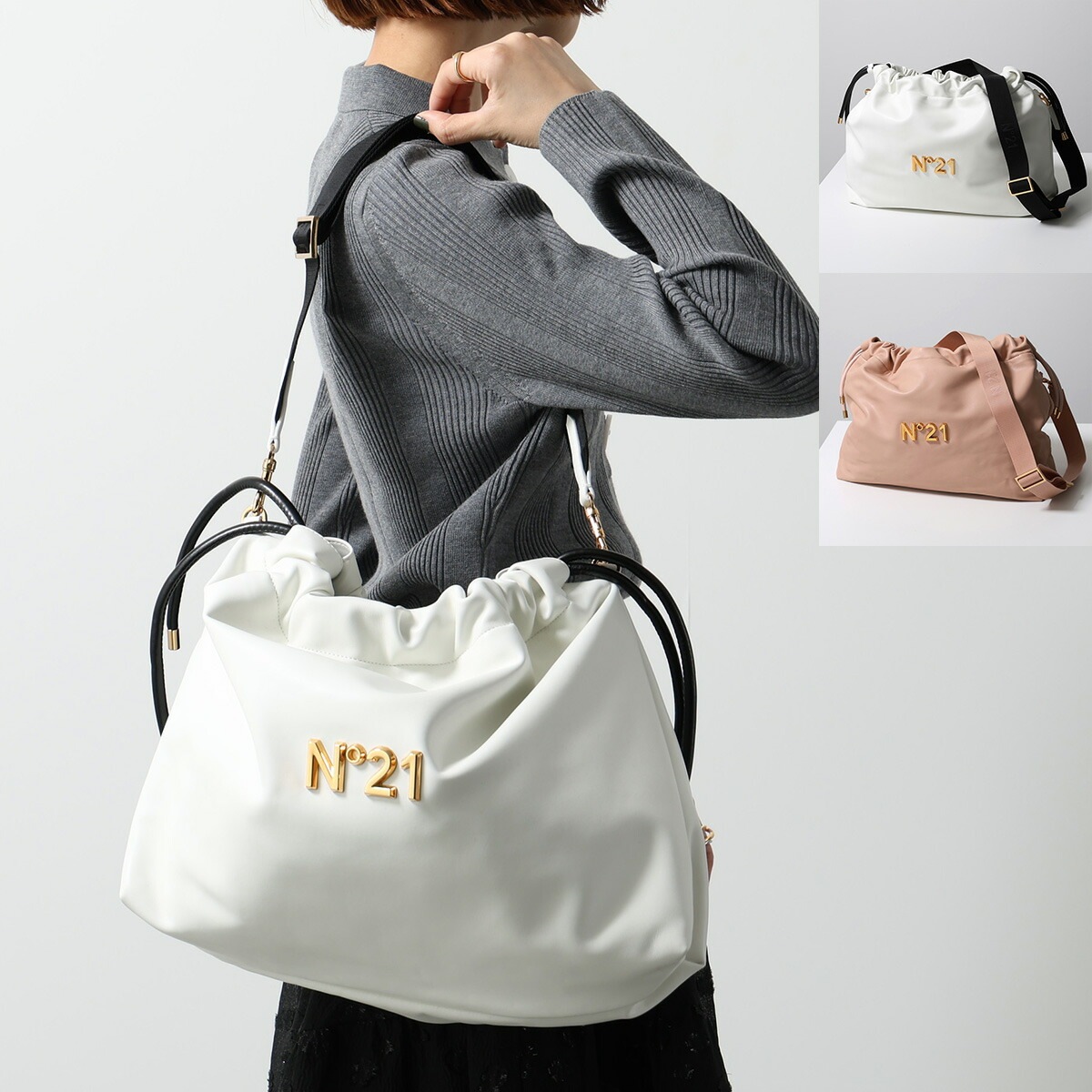 N21 ヌメロヴェントゥーノ 巾着バッグ Eva Eco Large エヴァ 902EC01 レディース ショルダーバッグ クラッチ クロスボディ ロゴメタル 鞄 カラー2色