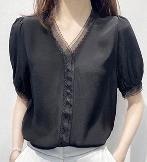 レディース トップス 半袖 ボリューム袖 Vネック ストレート フリル 透け感 メッシュ かわいい 大人可愛い きれいめ シンプル カジュアル 上品 おしゃれ クール エレガント キュート ガーリー