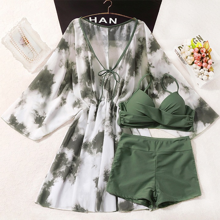 水着 ビキニ スイムウェア ショートパンツ セパレート 紐 体系カバー 二の腕カバー 長袖 Vネック リボン ウエストマーク ハイウエスト 透け感 シースルー 胸元 谷間 谷間魅せ 盛れる