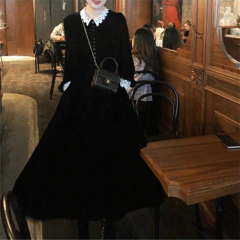 襟付き ワンピース レディース フレアワンピース ロング ミモレ丈 クルーネック スタンダードカラー パンチングレース 長袖 ロングスリーブ ハイウエスト 体型カバー 華奢見え スタイ