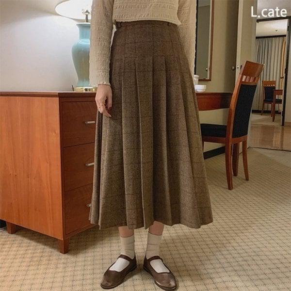 女性用スカート LRK379 女性用ウールチェックプリーツロングスカート