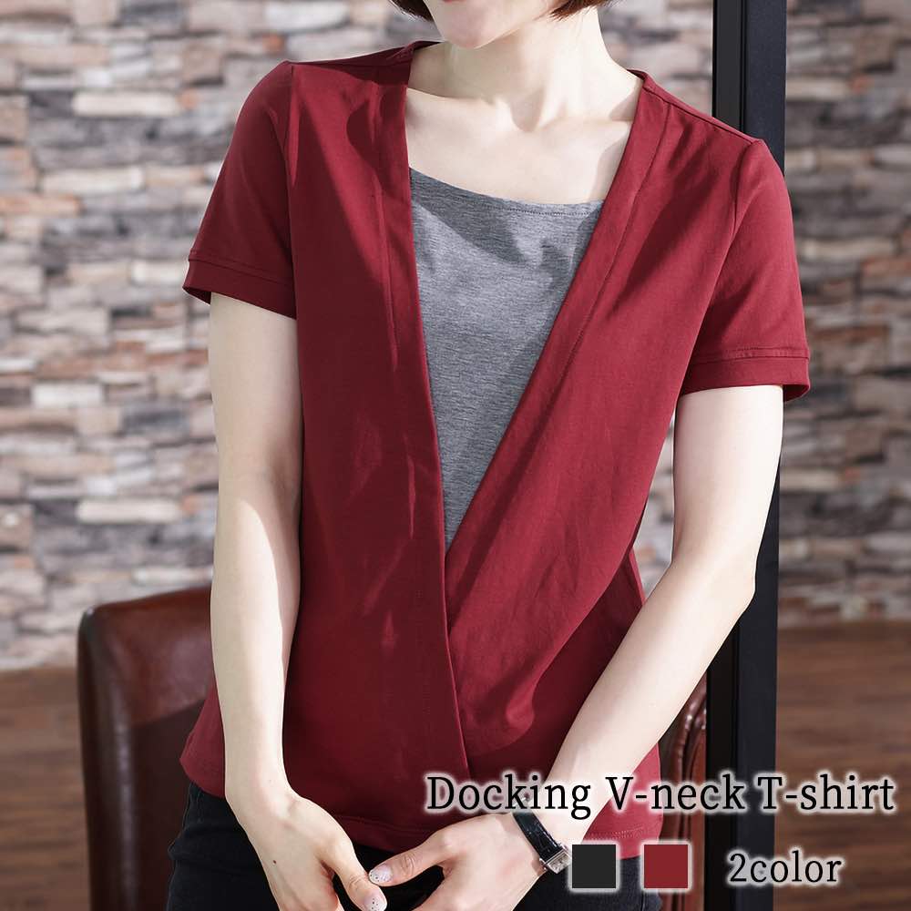 Tシャツ レディース ドッキングVネックTシャツ コーデ ブラウス ブランド ロング 薄手 半袖 かわいい 涼しい 大人 ブラック カジュアル ティーシャツ Vネック 7分袖 トレーナー 無地 人気