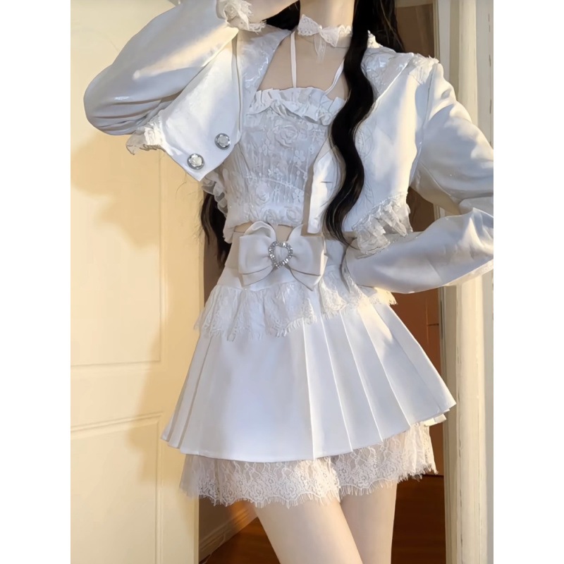 スウィートレーススプライシングジャケットホルターネックスレディース秋ハイウエストリボンプリーツスカート3点セット