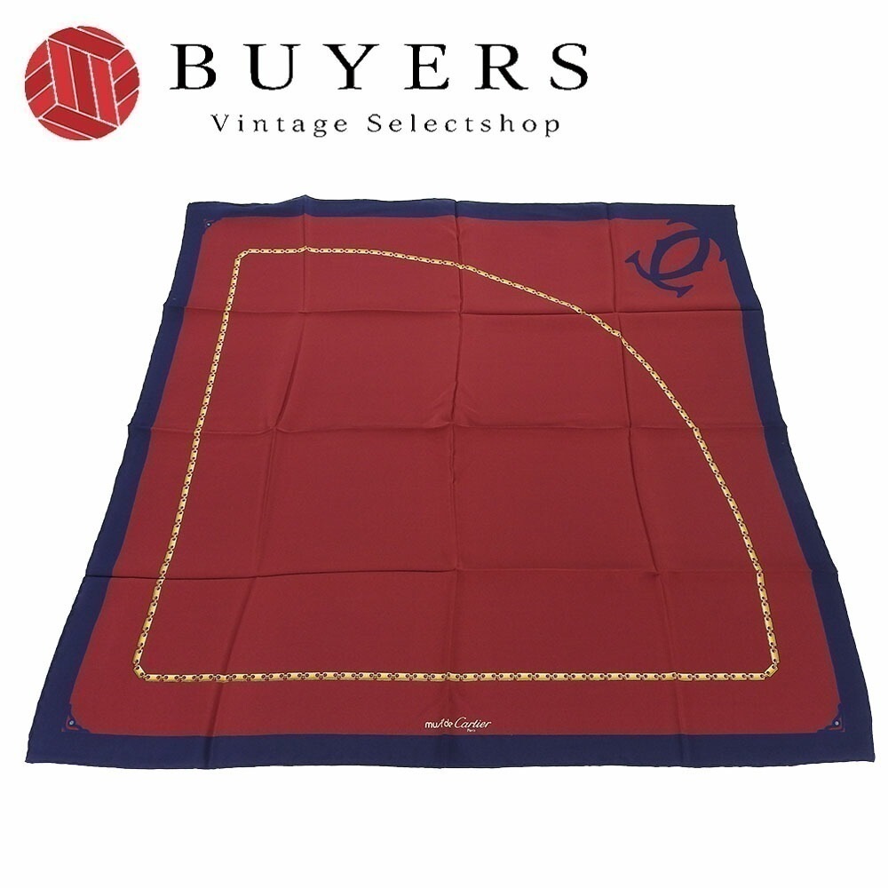 中古 カルティエ Cartier Must de Cartier マスト ドゥ スカーフ シルク100％ 2Cロゴ チェーン柄 ボルドー ネイビー レディース 女性 小物 scarf navy bo