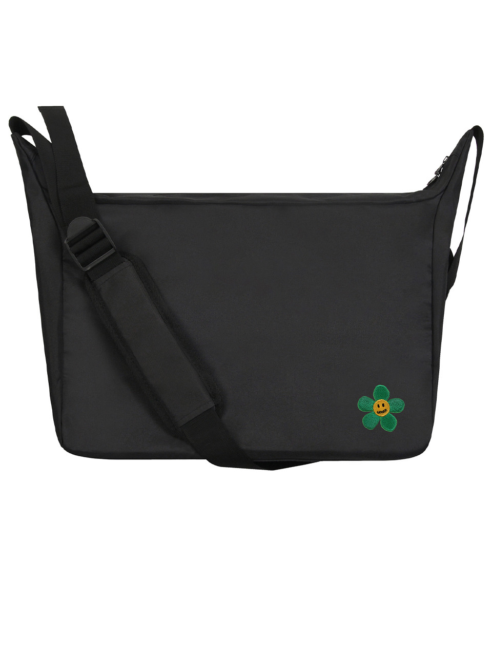 グラバーグリーンフラワースマイル刺繍クロスカーブメッセンジャーバッグブラック