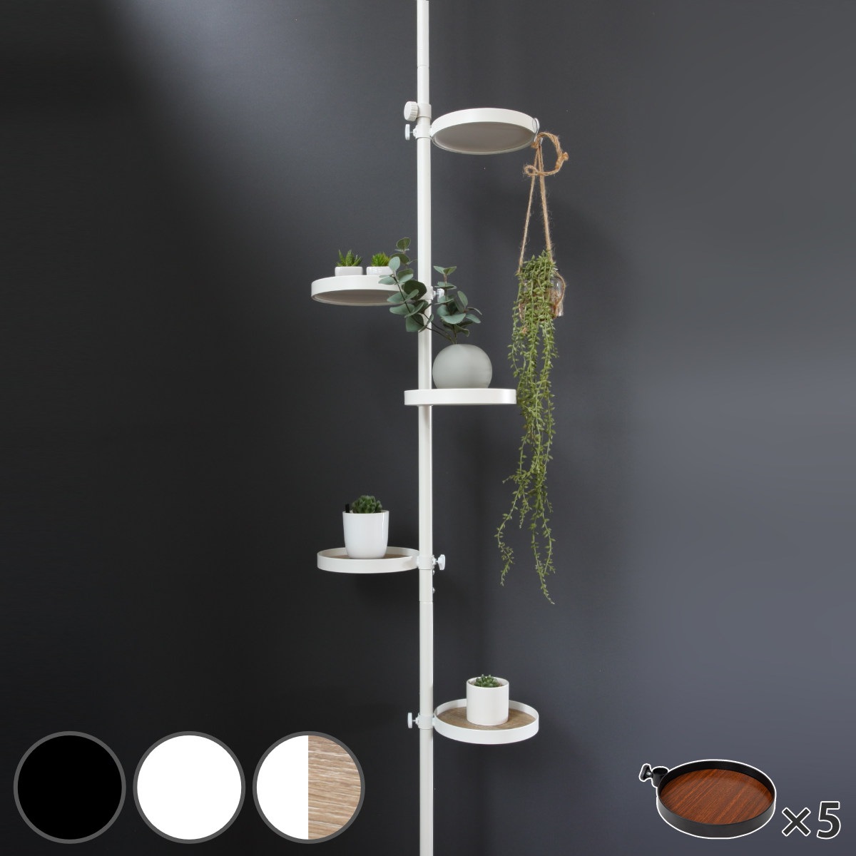 突っ張りポールラック 丸型トレイ5個 高さ調整 見せる収納 突っ張りラック 突っ張り棒 ラック ハンガー ポール スリム 収納 突っ張り 隙間 つっぱり棚 スリムラック 収納ラック トレー