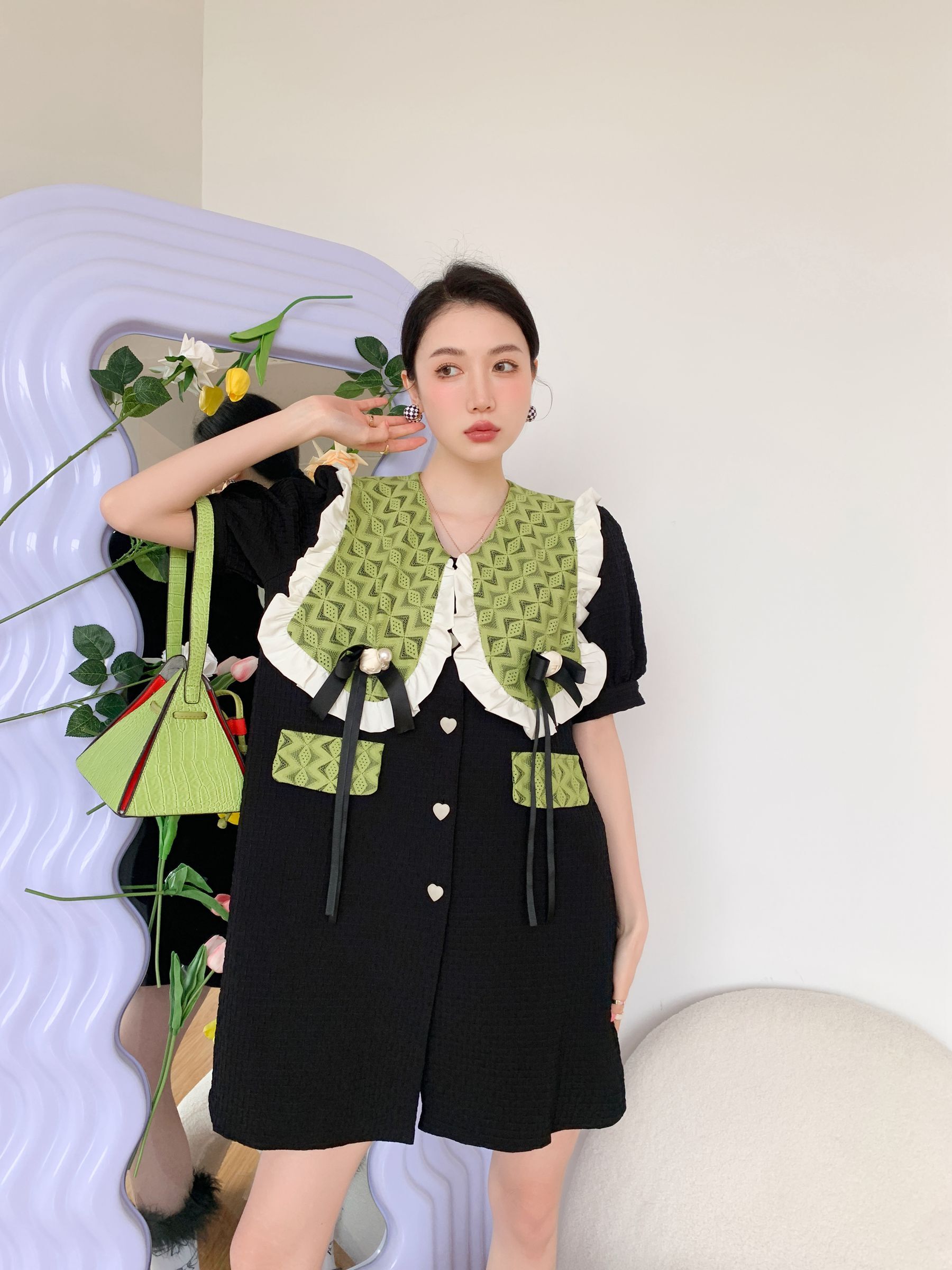 ドールカラーフレンチヴィンテージワンピース ドレス ワンピース 半袖ワンピース ニッチデザイン レディース レトロ フレンチステッチ コントラストカラー フリル ボウシャツ スカート 個性派 5,681円