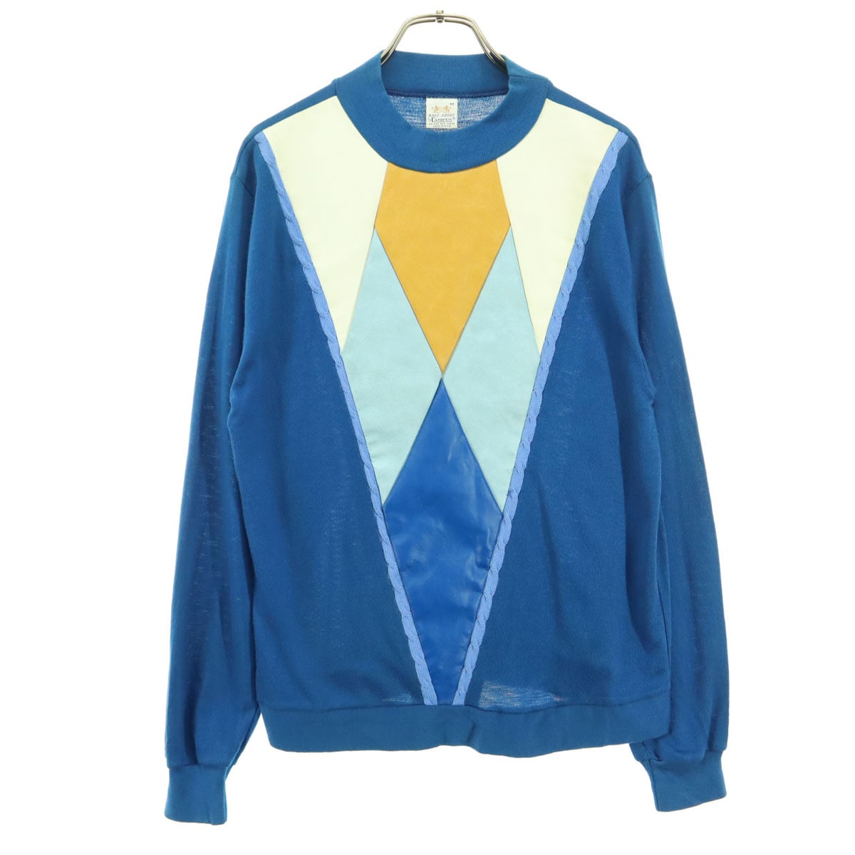 60s 70s ヴィンテージ USA製 アーガイル柄 長袖 ニット M ブルー系 メンズ 古着