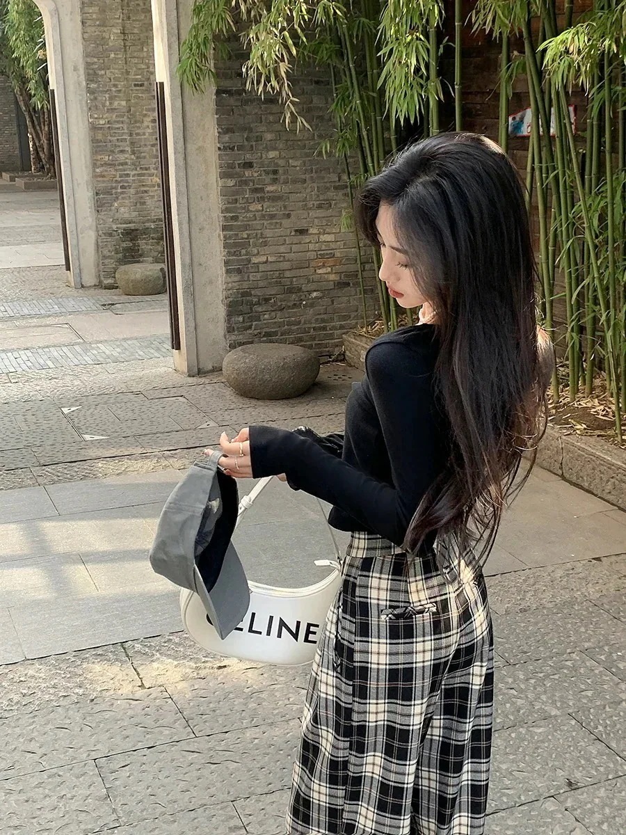 レディース秋冬快適モダンロングレッグ白黒グレーチェックカジュアルワイドパンツチェックパンツ