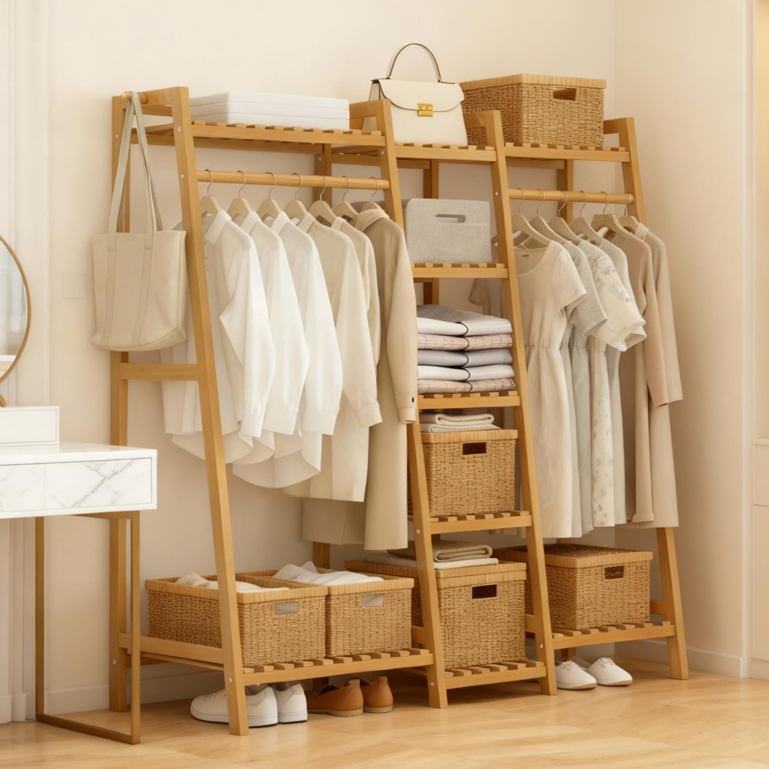 ohbien ハンガーラック 木製 幅130×奥行40×高さ140cm パイプハンガーラック 洋服ハンガー 大容量 頑丈 衣類収納 コート掛け 物干しスタンド 省スペース 天然竹製 組立簡単 台形 マ