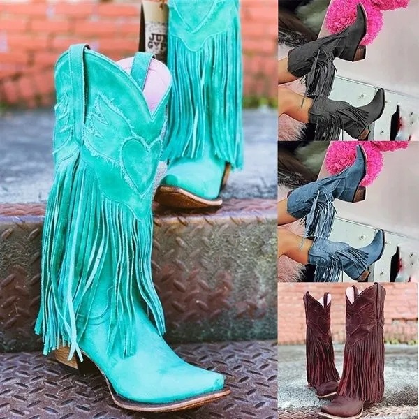 Women Low Heel Motorcycle Boots Fringed Cowboy Boots Shoes Spring Autumn Women Tassel Boots