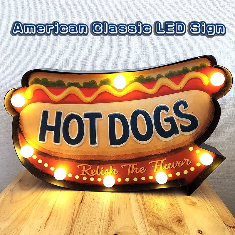 電飾看板 LED Sign アメリカン クラシック ホットドッグ サインライト 雑貨 HOT DOGS かわいい 壁掛け 照明 アンティーク おしゃれ 店舗 インテリア お店 バー カフェ