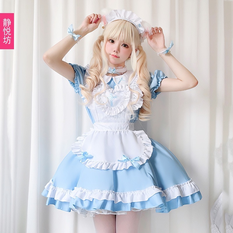 猫風スカイブルーメイド衣装日本のアニメアリスロリータメイドコスプレメイドスカートプリンセスドレス