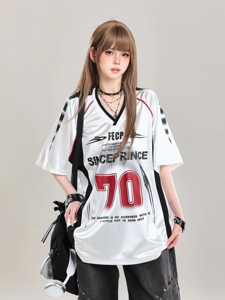 2025春夏 韓国可愛い風トップス Tシャツ K-POPファッション半袖ストリート系サイド丈フットシルエットシャツ衣装レディースサイズVネックユニセックスおしゃれカジュアル春メンズダンスラグラン配色T