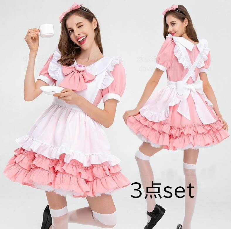 迅速な出荷 ハロウィン衣装　メイド服3点set　レディースロリータワンピース　半袖　膝丈　白×ピンク　可愛いコスプレ衣装　lolita　エプロン　髪飾り付　猫爪　萌え　リボン　変身仮装 学園祭 文化祭