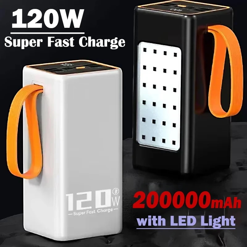 LEDライト付き大容量パワーバンク,200000mAh, 120W,急速充電,iPhone, Xiaomi, Samsung用パワーバンク,外部バッテリー - 509