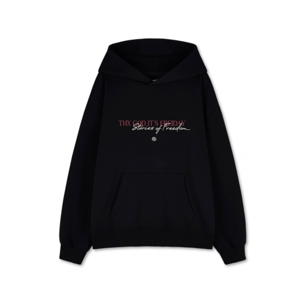 スローガンレタリングフード付きTシャツ (BLACK)