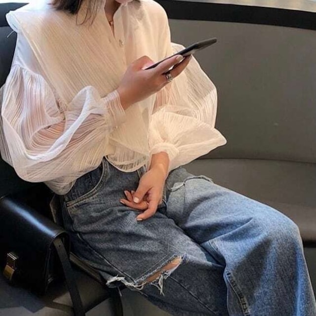 ブラウス レディース シースルー ストライプデザイン フリルブラウス シアー パール ボリュームスリーブ 透け感 大人可愛い ママコーデ 韓国 オルチャン 人気 トレンド 新作 20代 30代 40代