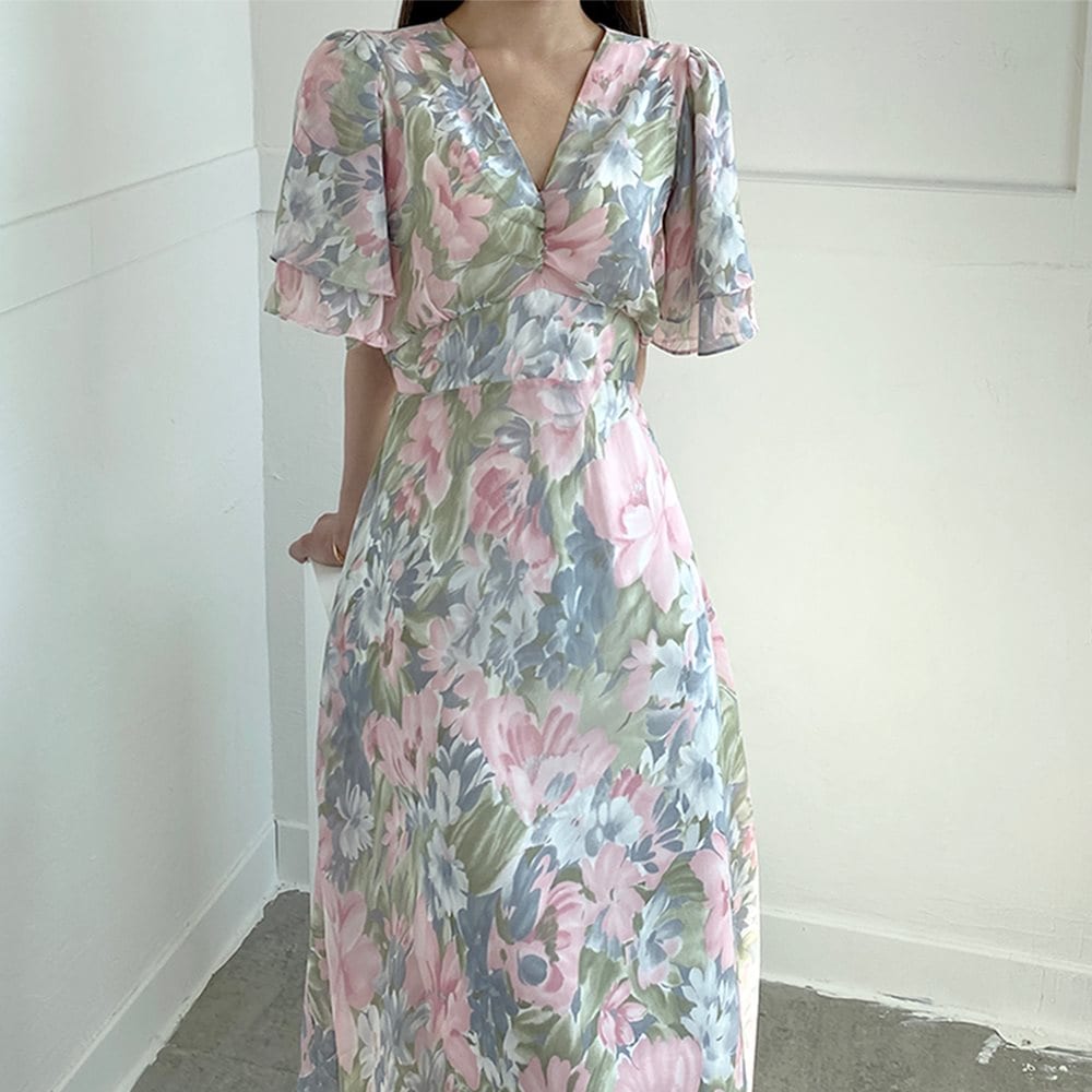 高級素晴らしいロマンチックな夏の花シフォン半袖ロングワンピース
