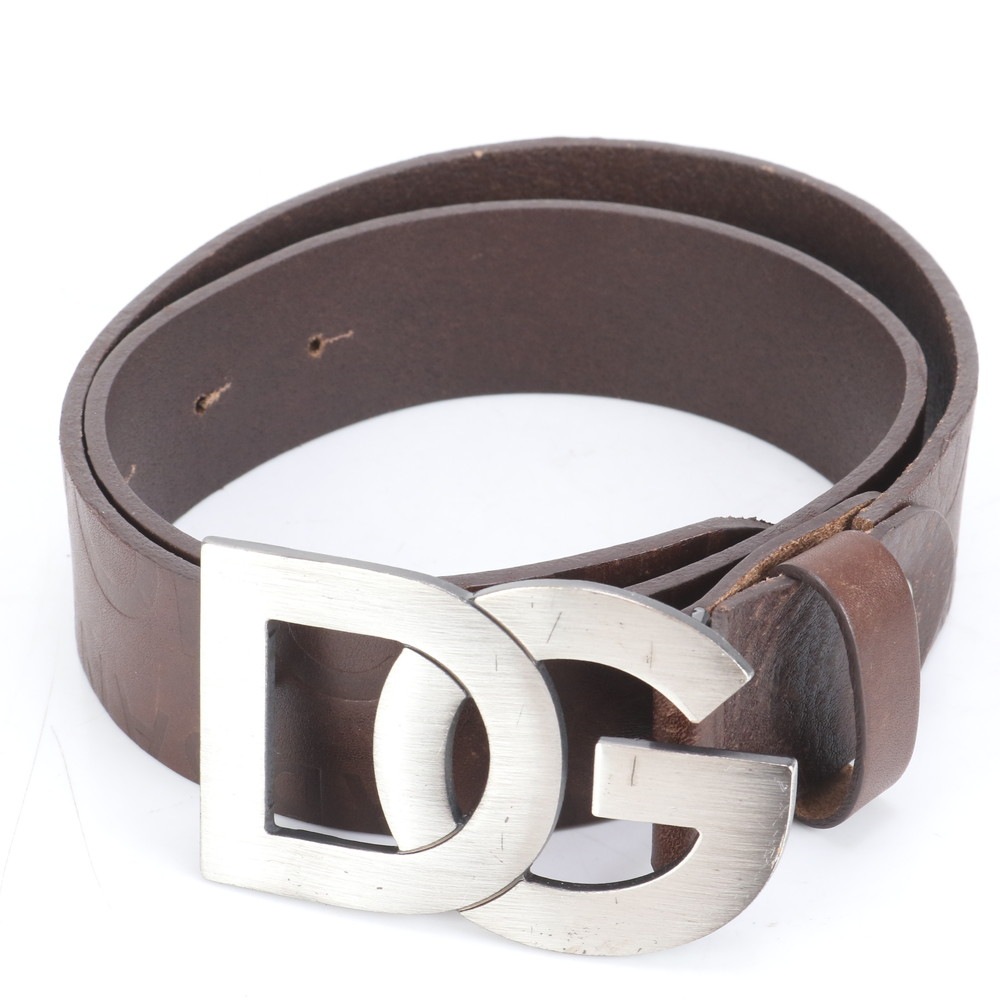 美品 D&G シルバー バックル ブラウン 茶色 ビジネス カジュアル スーツ レザー ベルト メンズ RRE CM30-4 中古