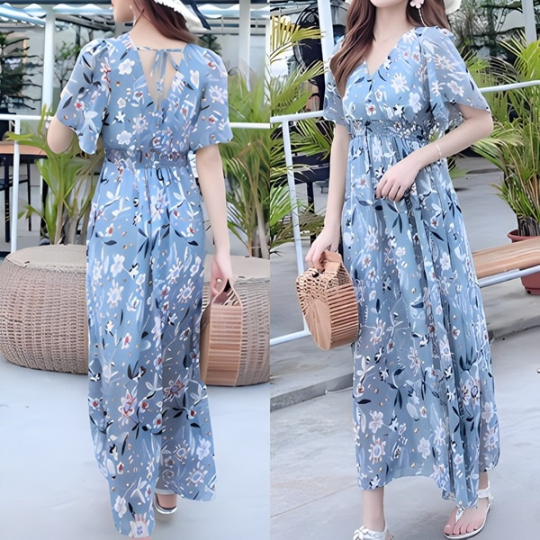 花柄ドレス レディース ワンピース ドレス フレア フレアスカート ロングスカート 膝下 ロング 半袖 Vネック ノーカラー フレア スリム Aライン フォーマル フェミニン ウエストマーク