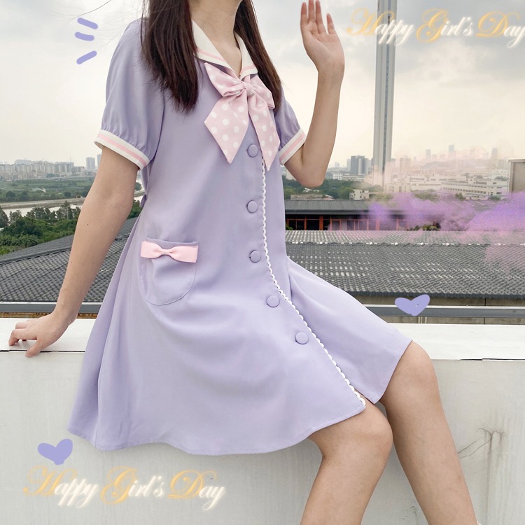 sサイズネイビー半袖opロリータスカート春夏ライトロカレッジネイビーカラーワンピース