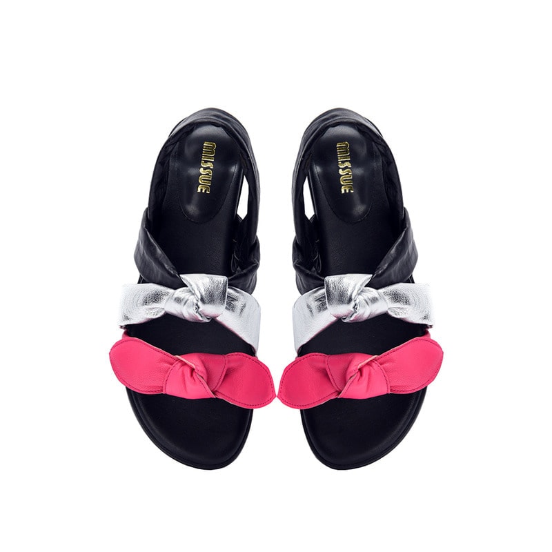 二色リボンストラップサンダル[シルバーピンク]