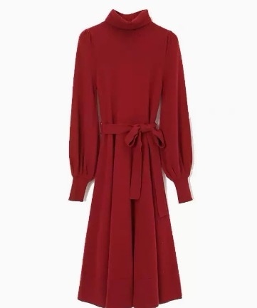 ハイネックAラインニットワンピース ウエストリボン ワンピース ミモレ丈 長袖 ハイネック Aライン 伸縮性 爽やか かわいい 可愛い きれいめ シンプル 上品 おしゃれ かっこいい 華やか