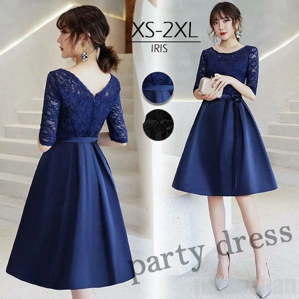 パーティードレス フォーマル 結婚式 卒業式 お呼ばれ 二次会 ドレス 膝丈 ワンピース 同窓会 成人式 演奏会 花嫁 着痩せ 20代 30代 40代 50代 ネイビー ブラック